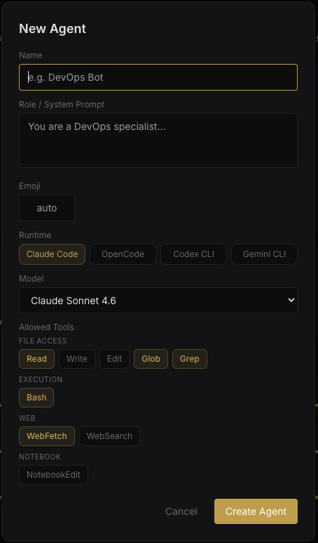 Agent creation form