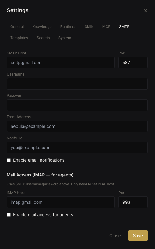 SMTP and IMAP configuration