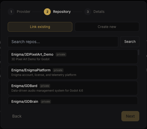 Project setup wizard - repository selection