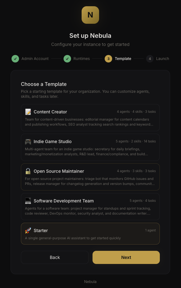 Setup wizard — template selection