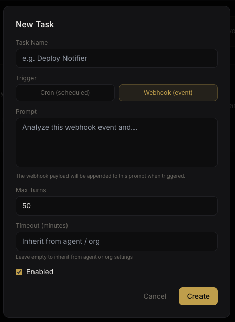 Webhook task configuration